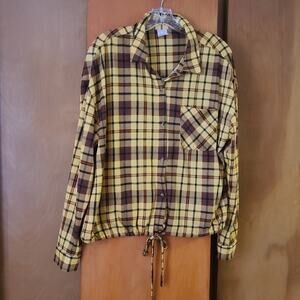 Girls Junior Knit Plaid Button Down Shirt With Drawstring Waist XL 15-17